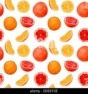 Acquerello, fette di pompelmo, vibrante composizione agrumata con arance intere, pompelmi dimezzati e spicchi di limone sparsi sul piano del tavolo, pennellate testurizzate, disegno ad acquerello senza cuciture. Foto Stock