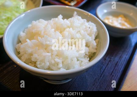 Primo piano di una ciotola di riso servita su un vassoio come parte di un menu tradizionale giapponese Foto Stock