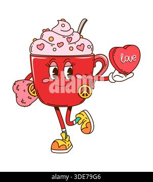 Personaggio cartoni animati retro Groovy valentine Cup Illustrazione Vettoriale