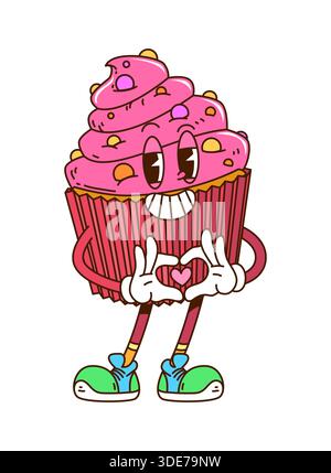 Personaggio di cupcake di San Valentino con cartoni animati retrò Illustrazione Vettoriale