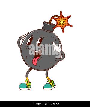 Personaggio funky della bomba con stoppino in fiamme Illustrazione Vettoriale
