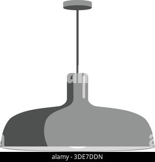 Una grande lampada a sospensione grigia appesa al soffitto con un paralume in metallo liscio. Illustrazione Vettoriale
