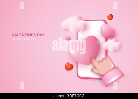 Illustrazione vettoriale rosa 3D di uno smartphone con bolle di Heart chat, nuvole e icone d'amore, che rappresentano i mi piace dei social media, appuntamenti online, messaggistica, Illustrazione Vettoriale