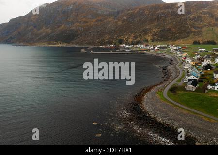 Vista panoramica della città costiera di Alesund con case colorate, verdi colline e il mare in Norvegia. Foto Stock