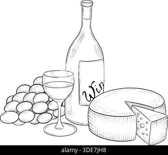Collezione di formaggi, brie, camember, parmigiano e formaggio blu, assortimento di formaggi europei, fette, disegno inciso a inchiostro nero, isolato, trasparente Illustrazione Vettoriale