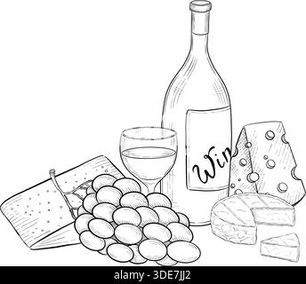Collezione di formaggi, brie, camember, parmigiano e formaggio blu, assortimento di formaggi europei, fette, disegno inciso a inchiostro nero, isolato, trasparente Illustrazione Vettoriale