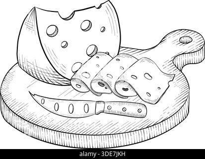 Collezione di formaggi, brie, camember, parmigiano e formaggio blu, assortimento di formaggi europei, fette, disegno inciso a inchiostro nero, isolato, trasparente Illustrazione Vettoriale