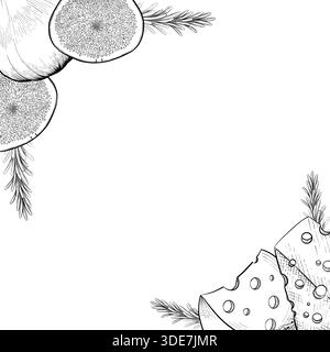 Collezione di formaggi, brie, camember, parmigiano e formaggio blu, assortimento di formaggi europei, fette, disegno inciso a inchiostro nero, isolato, trasparente Illustrazione Vettoriale