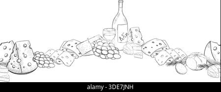 Collezione di formaggi, brie, camember, parmigiano e formaggio blu, assortimento di formaggi europei, fette, disegno inciso a inchiostro nero, isolato, trasparente Illustrazione Vettoriale