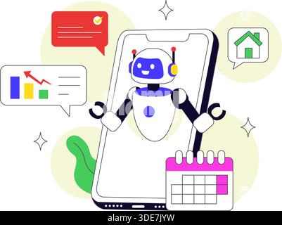 Illustrazione vettoriale dell'applicazione Assistente personale AI con interfaccia Smart Digital Assistant, tecnologia mobile moderna e automazione intelligente Illustrazione Vettoriale