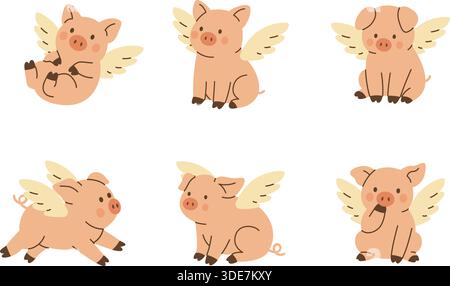 Simpatici maiali volanti con ali bianche. Adorabile illustrazione vettoriale di animali da fattoria in stile giocoso per i bambini Illustrazione Vettoriale