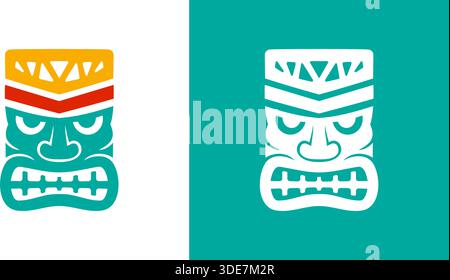 Maschera Tiki con ornamenti geometrici a corona. Illustrazione vettoriale in stile tribale polinesiano per tatuaggi, poster di festival e progetti di arredamento Illustrazione Vettoriale