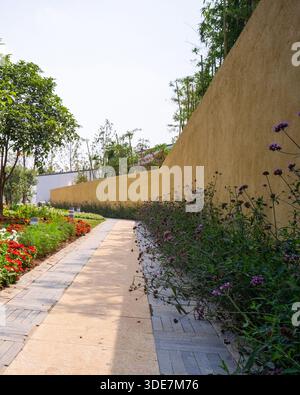Vista verticale di un tortuoso sentiero del giardino fiancheggiato da una parete gialla testurizzata e fiori viola in fiore. L'immagine trasmette calore, natura e tranquillità Foto Stock