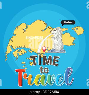 Vivace illustrazione vettoriale della mappa di Singapore con l'icona Merlion per promozioni turistiche e di viaggio. Illustrazione Vettoriale