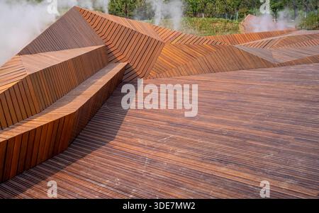 Dettaglio ravvicinato di una moderna struttura architettonica in legno caratterizzata da angoli geometrici e una ricca trama in legno. L'immagine trasmette la maestria artigianale, quindi Foto Stock