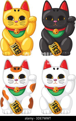 Illustrazione vettoriale di quattro statuine di gatto fortunato, vari colori, linee pulite, stile piatto Illustrazione Vettoriale