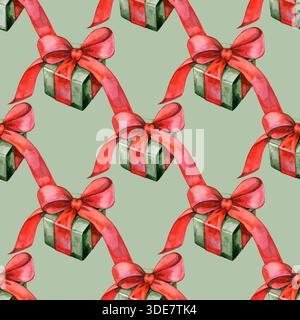 Motivo acquerello senza cuciture con scatole regalo verdi di festa legate a nastri rossi brillanti. Un delizioso motivo natalizio per la carta da imballaggio Foto Stock