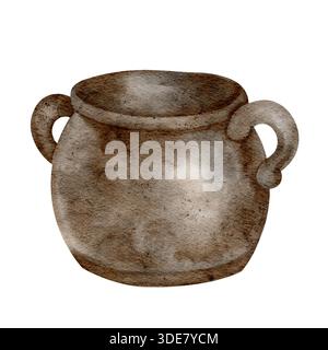 Pentola rustica o calderone, isolata, dipinta a mano con acquerello. Ideale per illustrazioni folcloristiche, temi irlandesi, disegni fantasiosi e decorazioni tradizionali Foto Stock