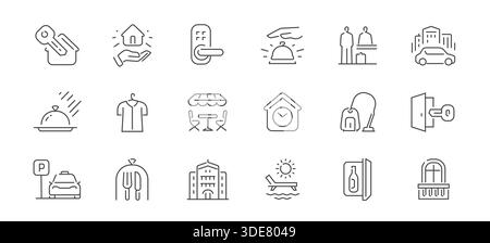 Vacanze, simboli o segni di viaggio. Set di icone di struttura per hotel e alloggi. Motel, concetto di ostello Illustrazione Vettoriale