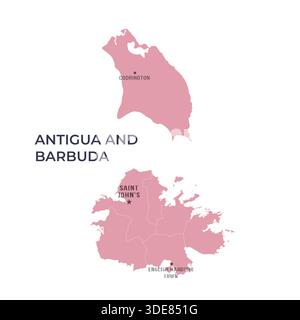 Mappa di ANTIGUA E BARBUDA con regioni confini e città famose Illustrazione Vettoriale