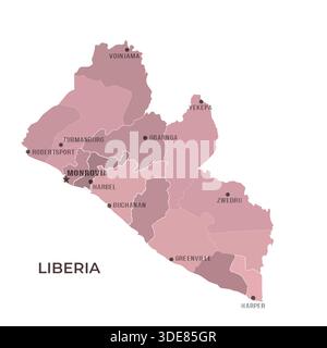 Mappa DELLA LIBERIA con regioni confini e città famose Illustrazione Vettoriale