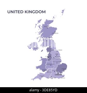 Mappa del REGNO UNITO con regioni confini e città famose Illustrazione Vettoriale
