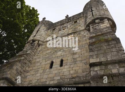York in Inghilterra: Primo piano di una storica cinta muraria della città con due torri cilindriche e piccole finestre, circondate dal verde Foto Stock