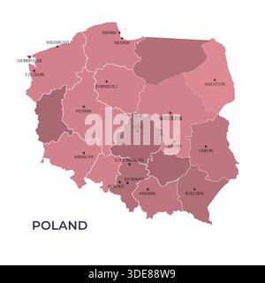 Mappa DELLA POLONIA con regioni confini e città famose Illustrazione Vettoriale