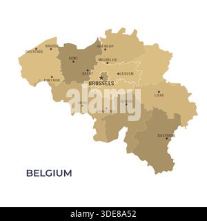 Mappa DEL BELGIO con regioni confini e città famose Illustrazione Vettoriale