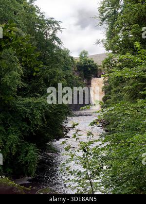 High Force, una splendida cascata sul fiume Tees in Inghilterra, la sua altezza di 70 piedi (21 metri) e il suo potente flusso sono spettacolari. Foto Stock