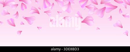 Petali di fiori di ciliegio su uno splendido sfondo pastello. Illustrazione vettoriale realistica di sakura o bordo del fiore di rosa con particelle che cadono su sfondo sfumato rosa, design del banner a molla Illustrazione Vettoriale