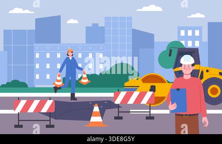Strada di città rotta. Incrinature o buchi nell'asfalto, riparazione con lavoratori e attrezzature. Marciapiedi o riparazione stradale, operaio edile in uniforme Illustrazione Vettoriale