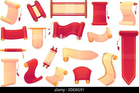 Cartoni animati asiatici. Rotolo di carta, colori crema rosso elementi festivi cinesi coreani giapponesi. Rotolo aperto e chiuso con maniglie in legno e filettatura Illustrazione Vettoriale