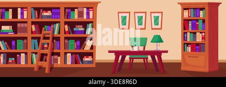 Biblioteca della scuola di cartoni animati. Luogo per lo studio, la preparazione degli esami o la lettura di libri. Scaffali in legno, sedia e tavolo con lampada. Armadietto ora vettoriale Illustrazione Vettoriale
