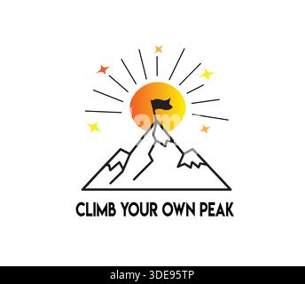 Design del logo Motivational Mountain con Sol Levante e Flag for Success Inspiration Branding avventura Minimal Line Art Peak Achievement Logo Concept Illustrazione Vettoriale