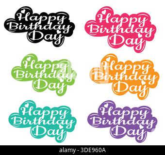 Set di adesivi colorati per il buon compleanno con simpatiche stampe tipografiche scritte a mano per festeggiare feste biglietti d'auguri adesivi digitali compleanno stampabile Illustrazione Vettoriale