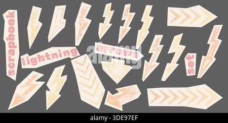 Audace collezione di frecce di pastello con scarabocchi e scarabocchi disegnati a mano. Vivace collage di spesse frecce vettoriali con texture per notebook e grunge divertente Illustrazione Vettoriale