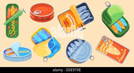 Sardine italiane. Confezione vintage di pesce sardina in scatola, cibo mediterraneo tonno stagno sgombro imballaggio di pesce design italiano marchio di alimentari retrò, illustrazione vettoriale del cartone animato opere d'arte originali Illustrazione Vettoriale