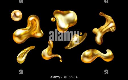 Liquido dorato. Goccia di metallo dorato, elemento 3d realistico bolla schizzi di fluido galleggiante gocce d'acqua isolate forme iridescenti fuse design y2k, illustrazione vettoriale esatta grafica originale Illustrazione Vettoriale
