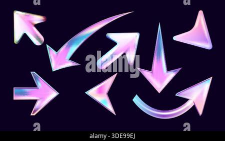 frecce olografiche 3d. Freccia realistica dell'ologramma, cursore del mouse pulsante clic icona astratta y2k al neon viola in alto in basso a sinistra puntatore destro elemento in vetro olografico, illustrazione vettoriale esatta grafica originale Illustrazione Vettoriale