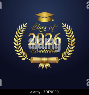 Classe 2026, premio per la laurea con corona dorata, brillante numero metallico 2026, mensa creativa e rotolo per diplomi. Premiare il design. Emblema decorativo Illustrazione Vettoriale