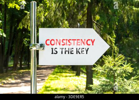 La coerenza è il simbolo chiave. La coerenza delle parole concettuali è la chiave del bellissimo segnale stradale bianco. Splendido giardino verde sullo sfondo. Gli affari consistono Foto Stock
