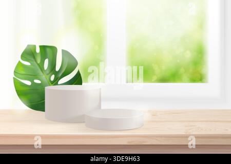 Tavolo in legno a podio. Realistico piano bianco piano cucina superficie in legno, casa pulita interni natura bellezza prodotto mockup di sfondo design premium illustrazione vettoriale grafica originale Illustrazione Vettoriale