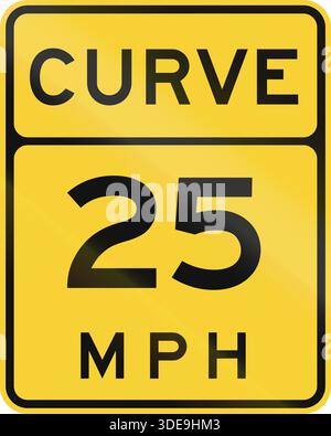 Segnale di avvertimento stradale USA: Curva - velocità consigliata 25 mph Foto Stock