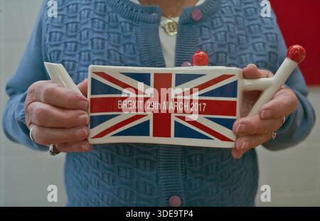Una donna che mantiene una teiera celebrando la firma per la firma dell'articolo 50 che si ritirerà la Gran Bretagna dal UE. Foto Stock