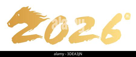 Numero cinese 2026 isolato, logo oro 2026 con testa di cavallo su sfondo isolato, elemento disegnato a mano per carta Capodanno cinese, banner, poster, des Illustrazione Vettoriale