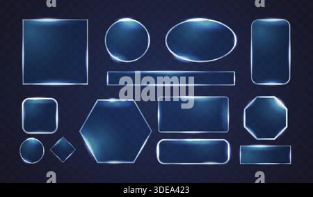 Telai in vetro neon. Lenti blu realistiche, montatura trasparente schermo futuristico scatola di gioco effetto bagliore digitale cerchio quadrato pulsante esagonale cornice scintillante, illustrazione vettoriale esatta grafica originale Illustrazione Vettoriale