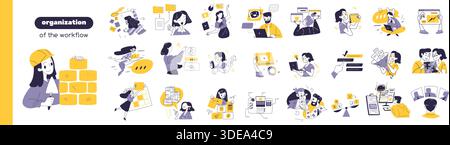 Organizzazione del flusso di lavoro di Office. Concetto produttivo di gestione del tempo dei dipendenti, leadership del team di lavoro professionale aziendale lavoro di squadra successo forza lavoro, delineare illustrazioni vettoriali di classe grafica originale Illustrazione Vettoriale