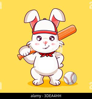 Carino coniglio di cartoni animati pronto per una partita di baseball illustrazione vettoriale Cartoon Design Kawaii Illustrazione Vettoriale