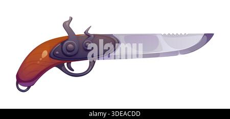 Il marinaio corsaro dei pirati, l'icona o il cartello della vecchia pistola. Skipper Buccaneer, arma vettoriale in polvere da sparo del XVIII secolo, bandito di pirati isolato arma da fuoco medievale. Pistola con chiusura a scatto e cilindro lama coltello Illustrazione Vettoriale